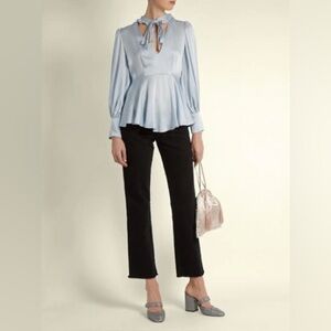 Alexa Chung Tie Neck Satin Blouse in Light Blue Top Long Sleeve Size 2-4 V neck